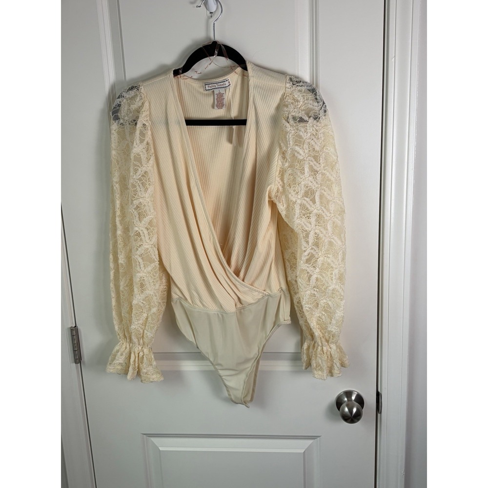 Flying Tomato Lace Wrap Bodysuit Cream Coquette Blouse Going Out Womens Large